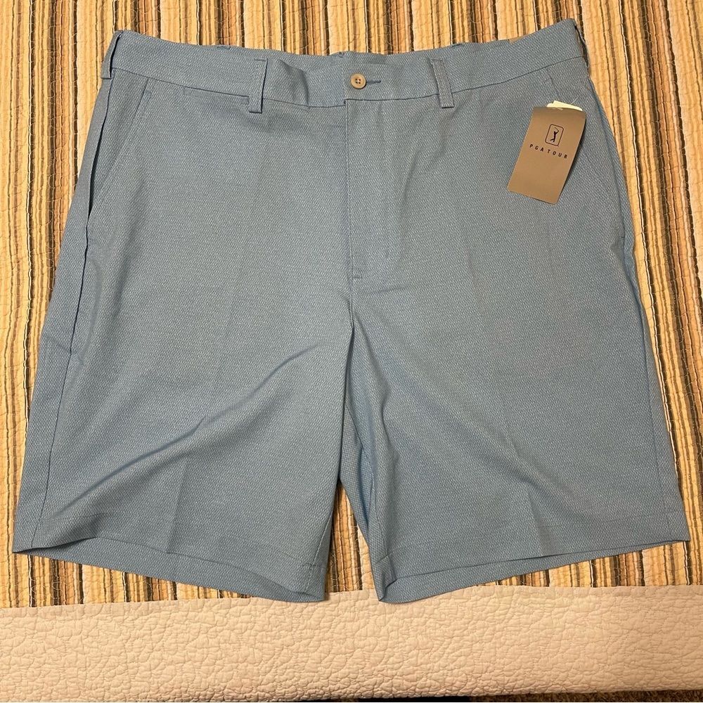 NWT PGA Tour Light Blue Men's 38 Flat Front Golf Shorts Stretch Moisture Wicking